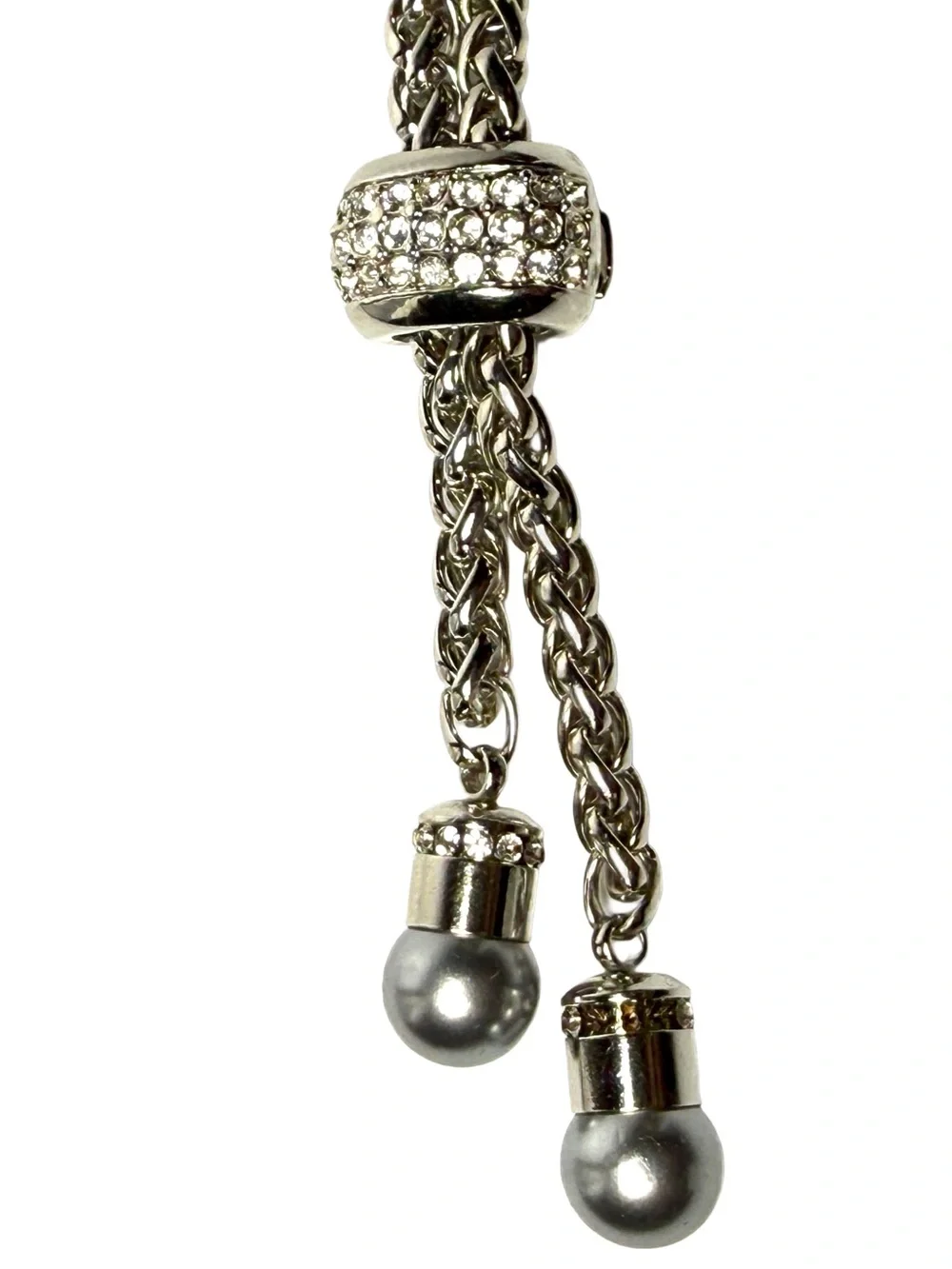Silver Crystal Pavé Bead Chain Bolo Necklace